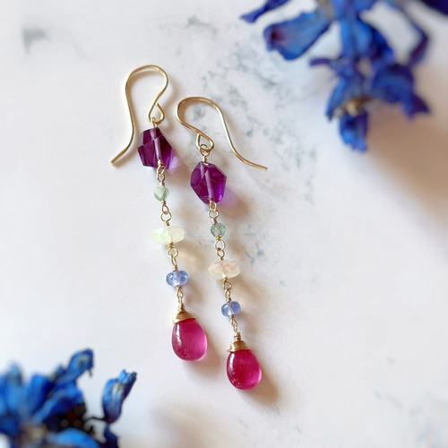 鮮やかな天然石たちのJUICYマルチカラーピアス◇14kgf ピアス（フック