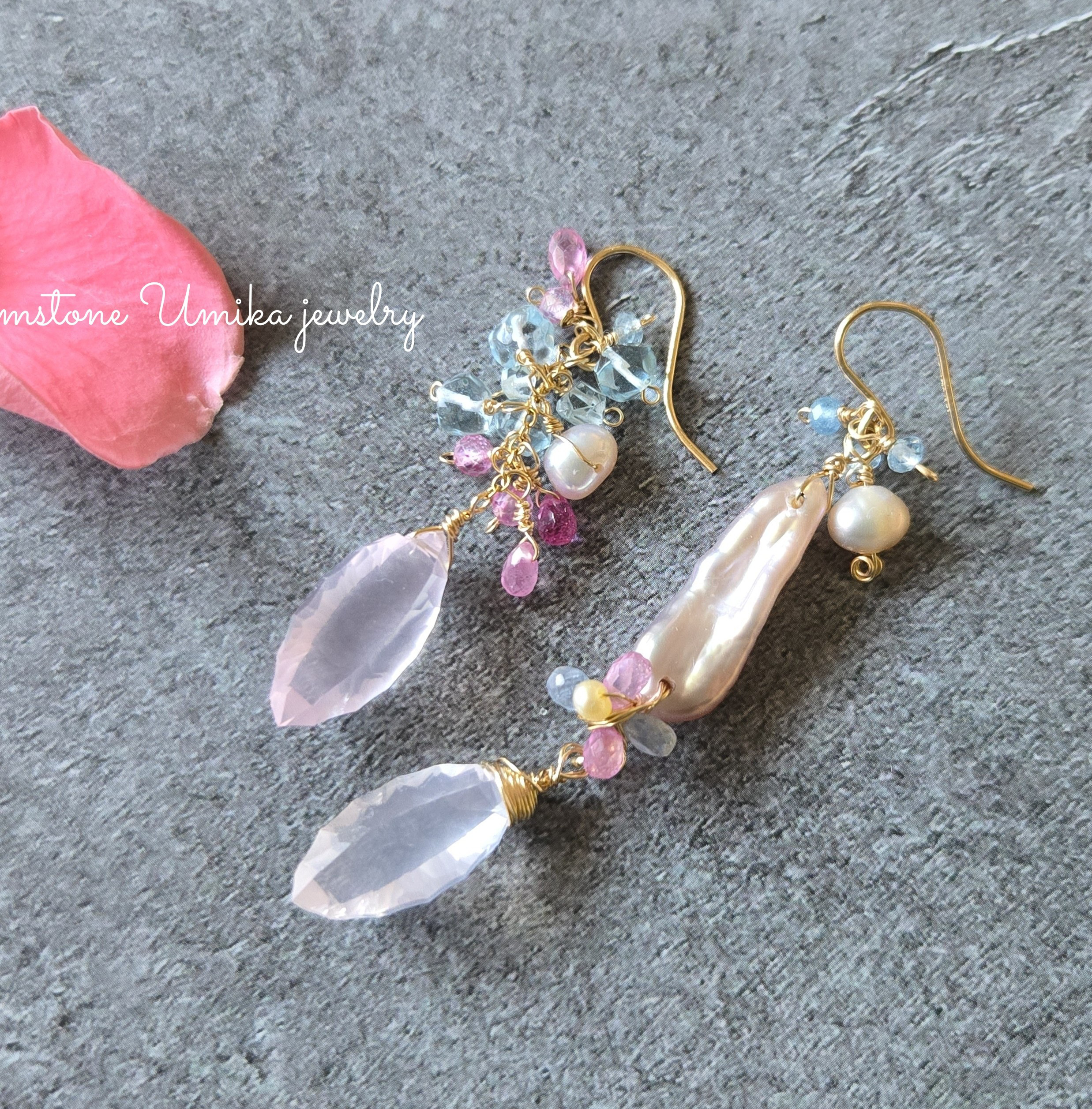 〜sakura color 〜ローズクォーツ and サファイア アシンメトリーピアス14kgf 11,704円