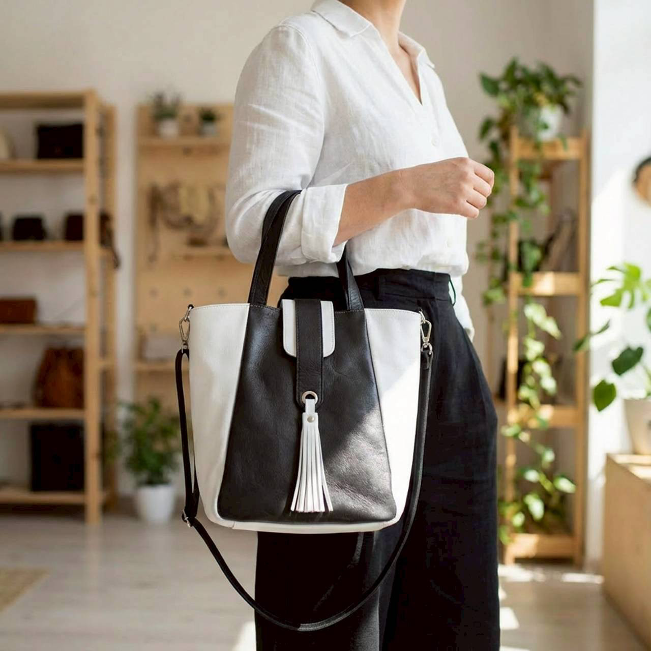 ❤本革素材 一点物 モノトーン トートバッグ バイカラー ブラック ホワイト ビジネスバッグ　シンプル　お洒落 オフィス
