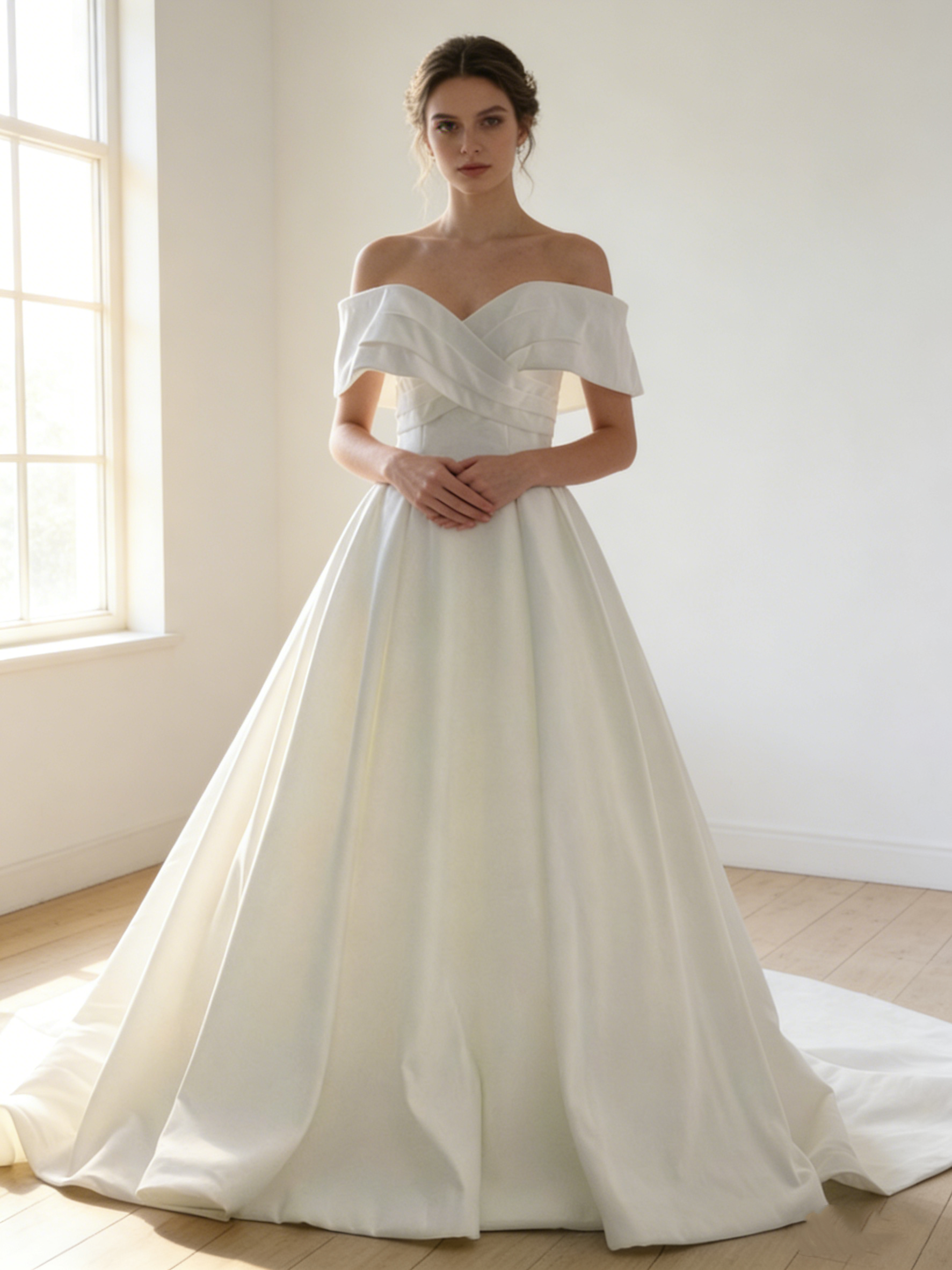 送料無料！ウェディングドレス オフショルダー ハンドドレープ  くるみボタン Aライン  スレンダーライン ファスナー