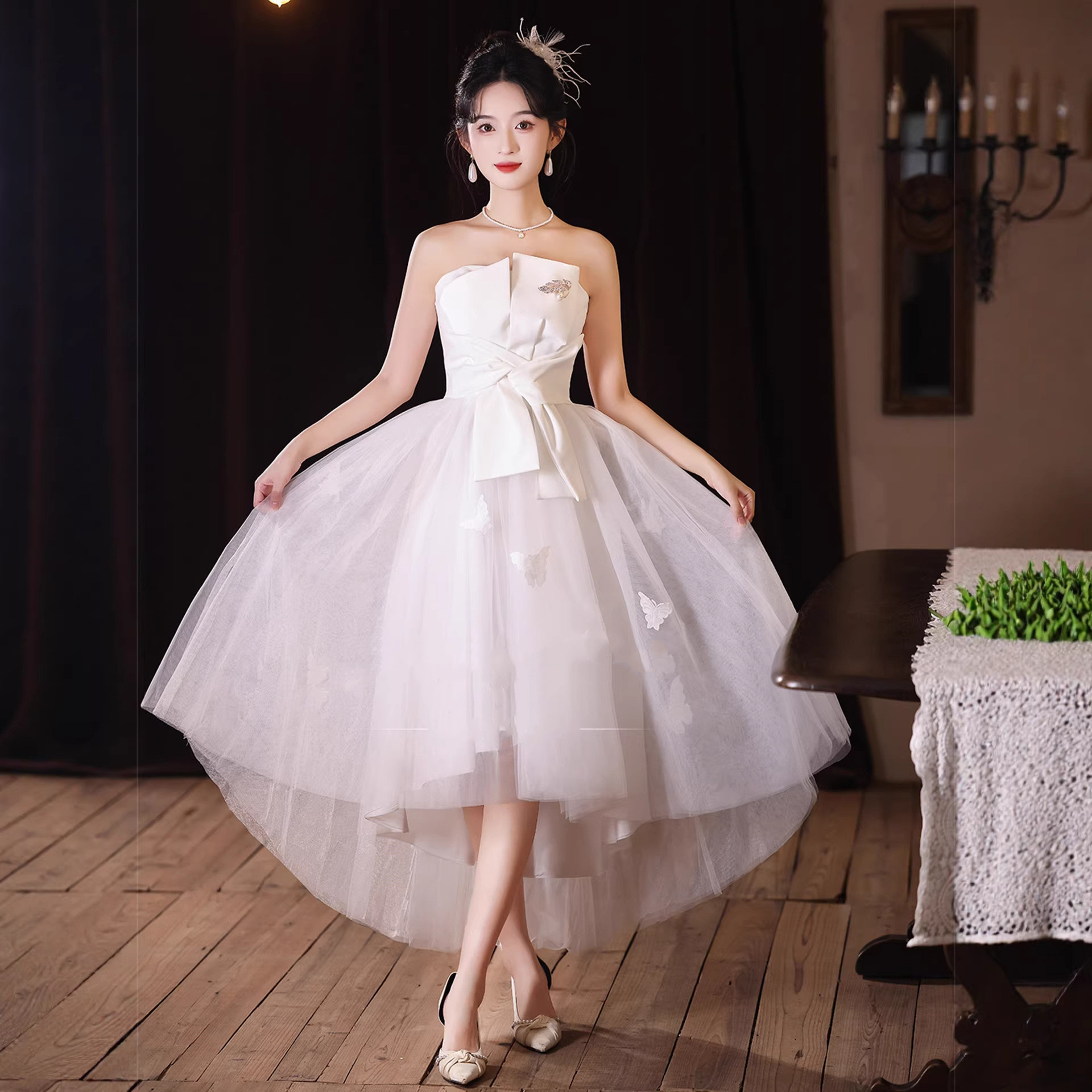 綺麗 白 オフショルダー ウェディングドレス プリンセス 高級感 花嫁 パーティー 誕生日 二次会 前撮り HL1367