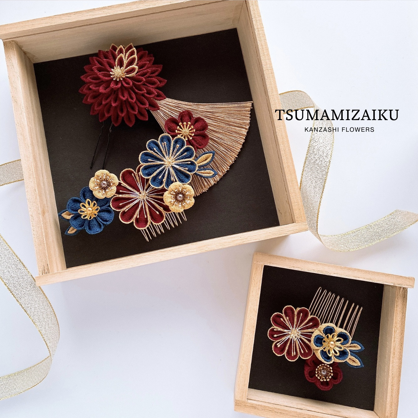 豪華つまみ細工和装髪飾り&選べる耳飾り かんざし 簪 七五三 十三詣り 成人式前撮り 振袖 着物ヘア 卒業式 袴 赤×紺