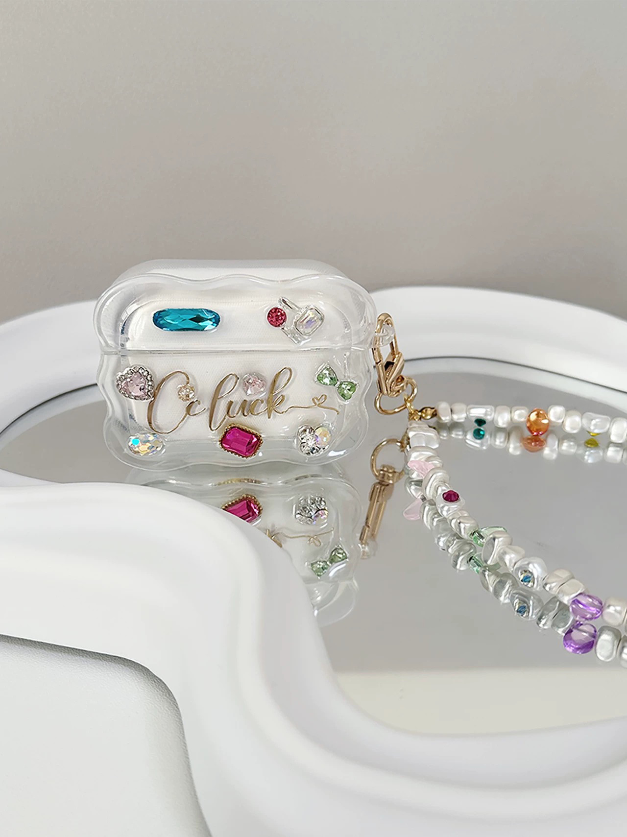 淡水パールとカラーストーンの AirPodsケース＆ストラップ