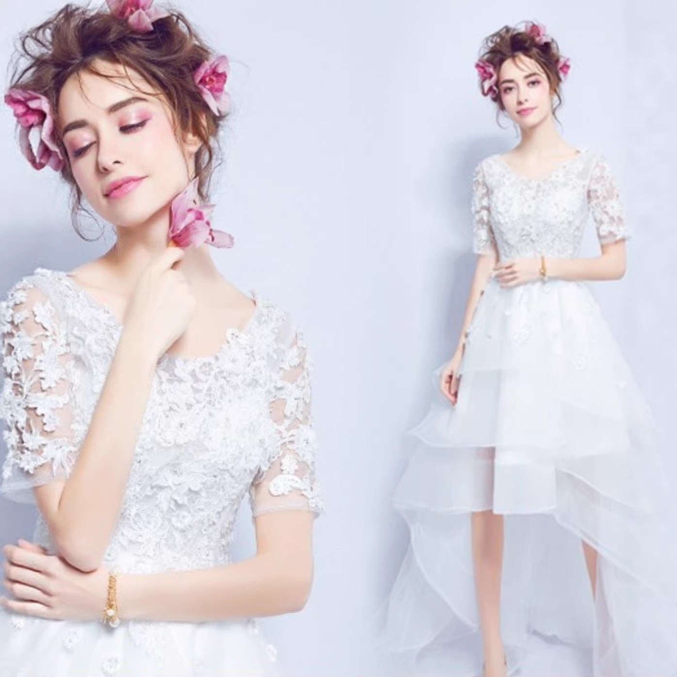 高級感 白 半袖 ハイローヘム ウェディングドレス 結婚式 花嫁 パーティー 誕生日 二次会 前撮り HL1370