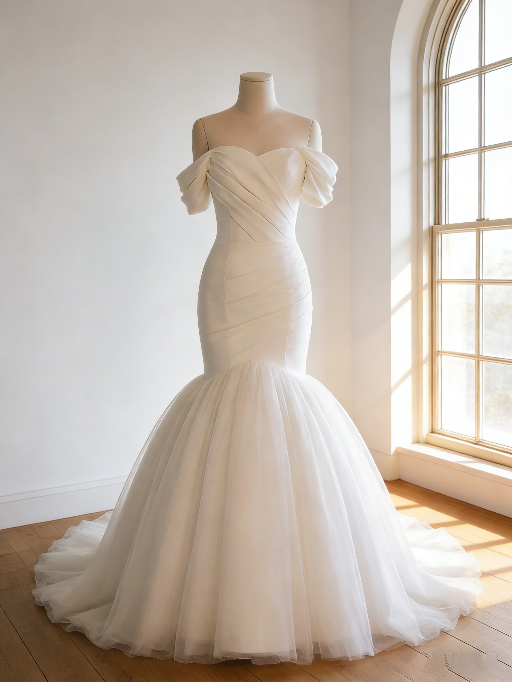 ウエディングドレス オフホワイト オフショルダー マーメイドライン トレーン ブライダル