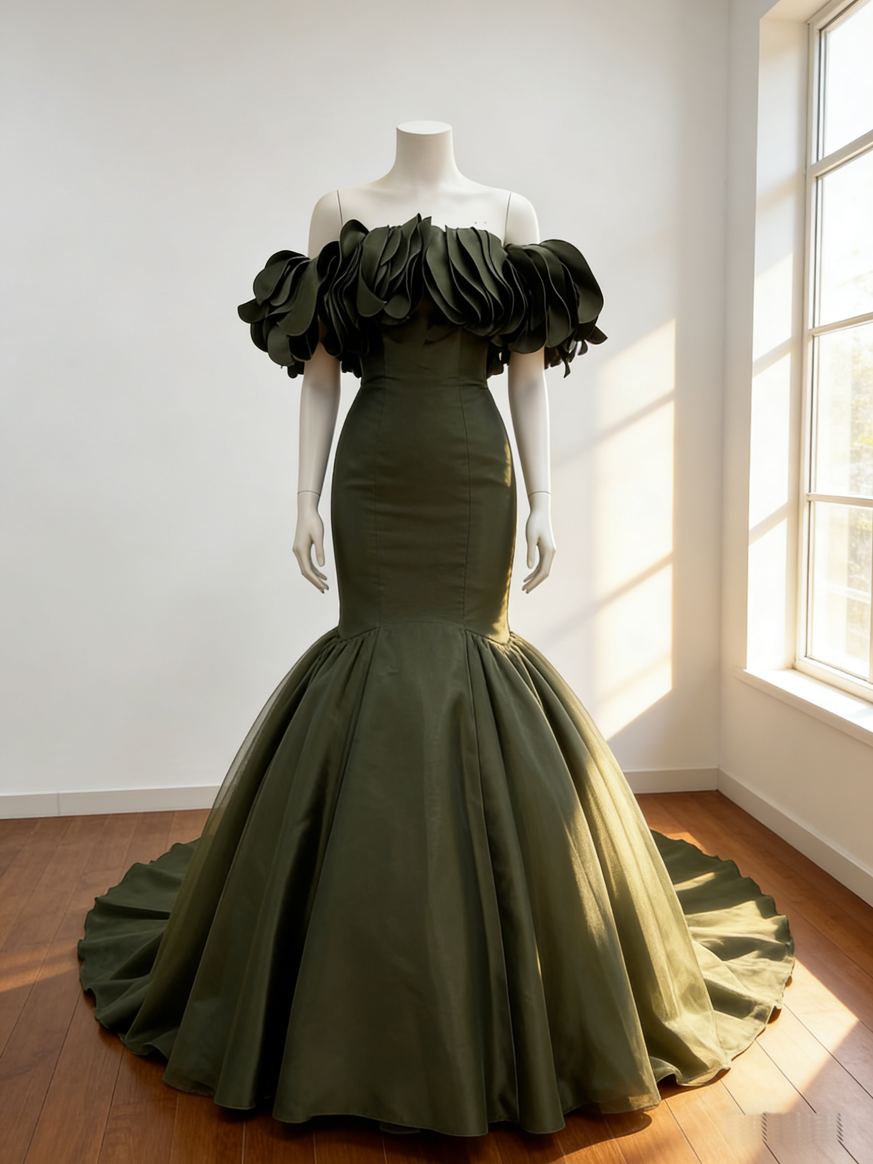 カラードレス  深緑  オフショルダー  編み上げ  華やかなトレーン  マーメイドライン  トレーン  花嫁 前撮り