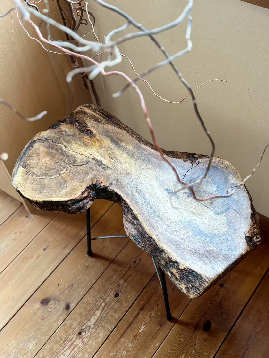 天然木　樫の木　アイアン　サイドテーブル　センターテーブル　コーヒーテーブル　カフェテーブル