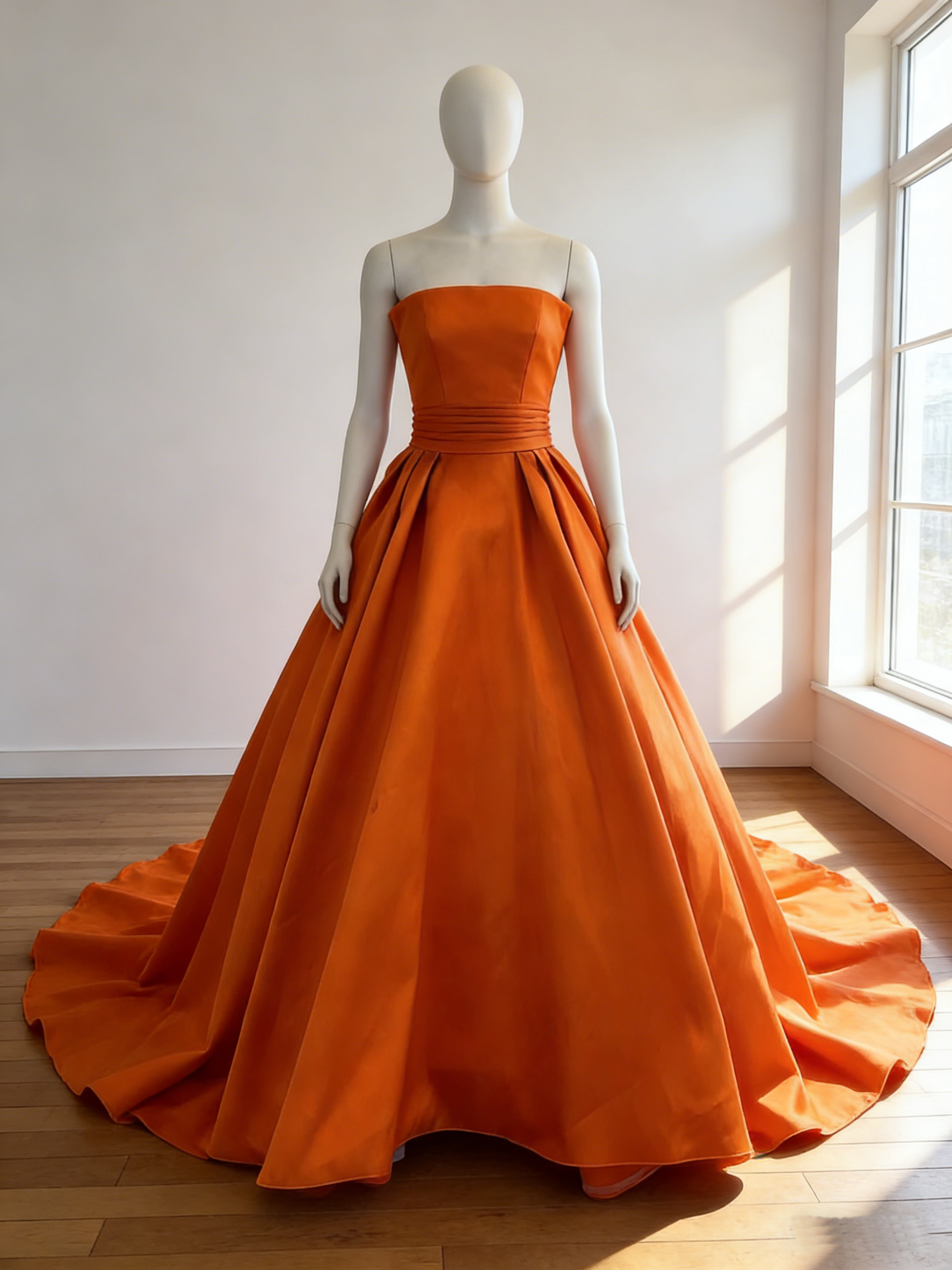 カラードレス  オレンジ  光沢サテン  編み上げ  華やかなトレーン  ビスチェドレス  花嫁