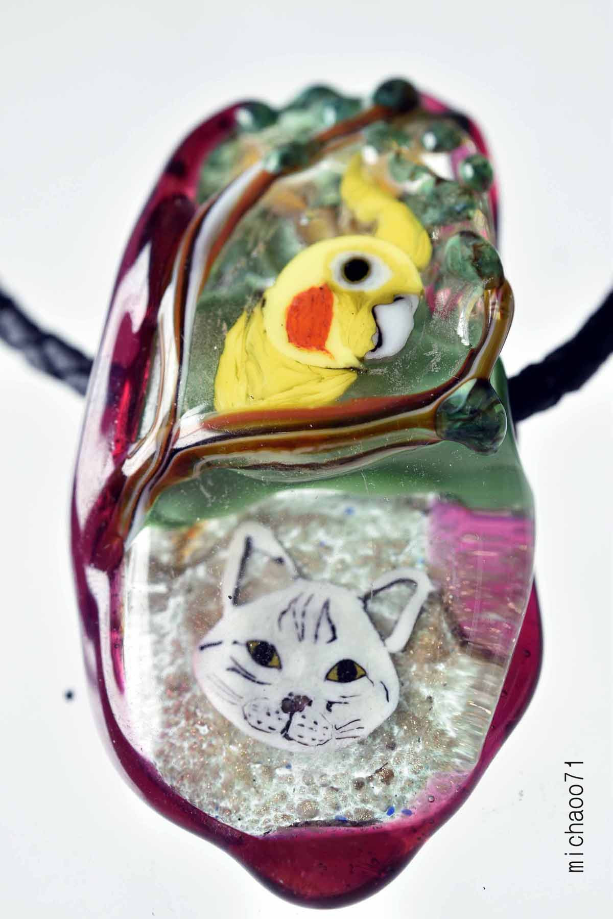 インコ　ねこ　とんぼ玉 トンボ玉 蜻蛉玉 ペンダントトップ   モレッティ   ハンドメイド 13447-491