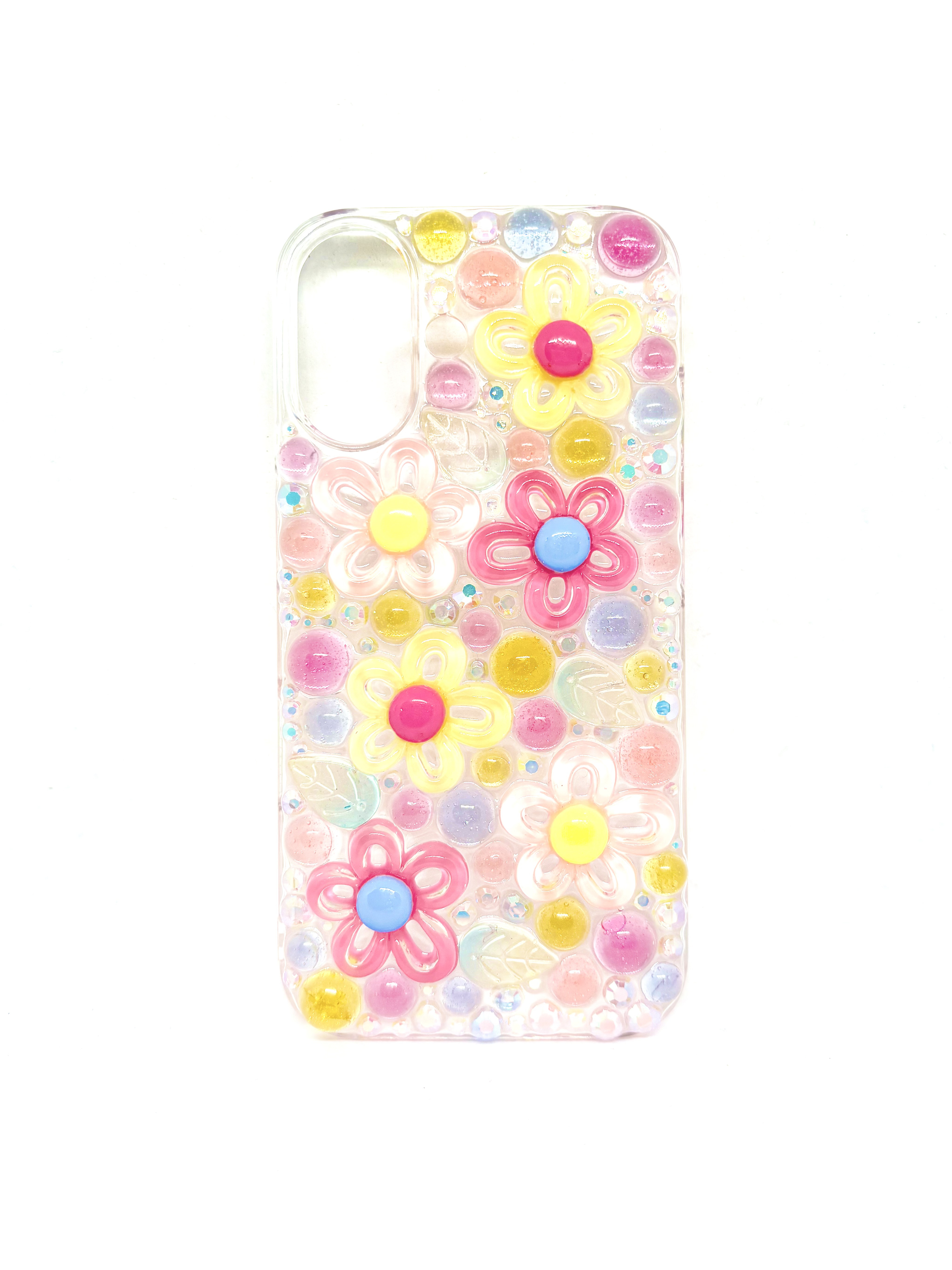 【iPhone 16用】カラフルフラワー クリアデコスマホケース♡