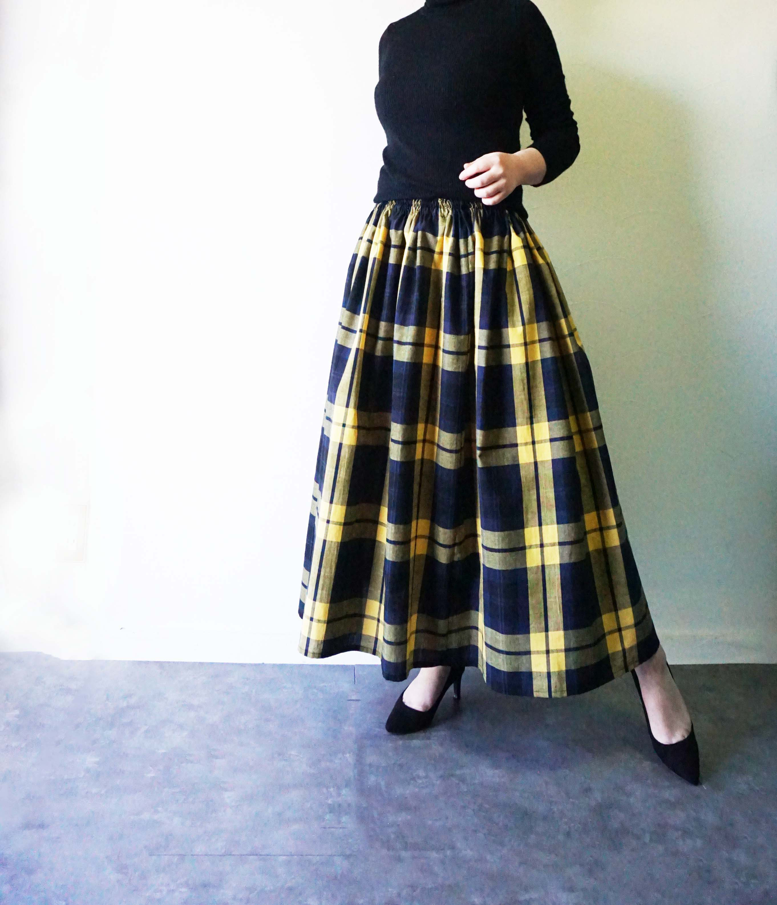 イエロービッグタータンチェックロングスカート　コットンリネン