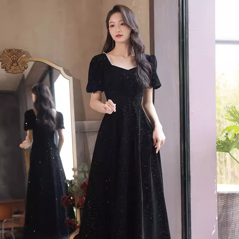 高級感 パーティードレス 黒 パフスリーブ ベロア 優雅 誕生日 成人式 二次会 前撮り お呼ばれ AK864