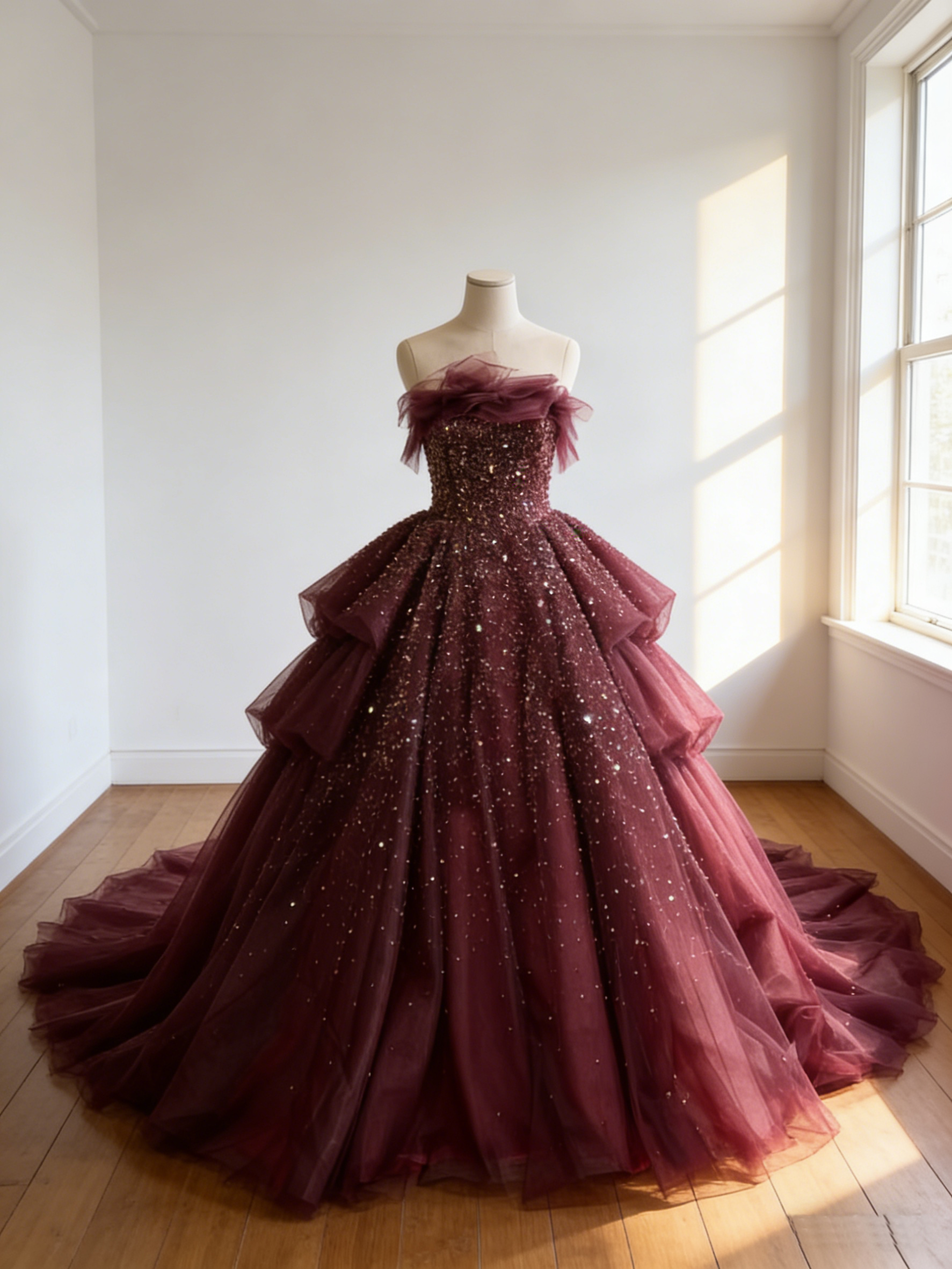 カラードレス  ボルドー色 シークインチュール  華やかなトレーン  ビスチェドレス  編み上げ  結婚式  前撮り