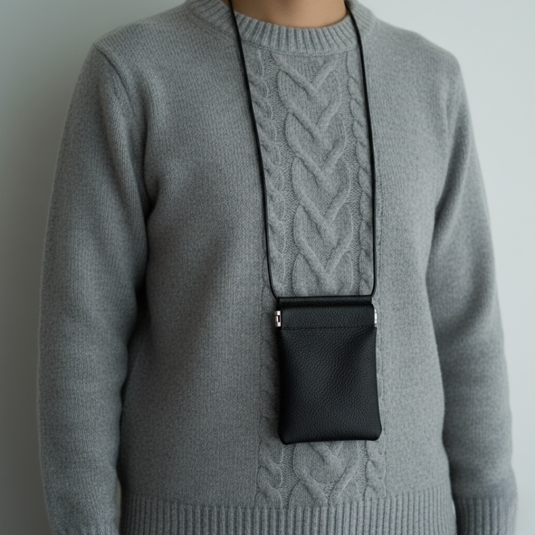 本革ミニウォレット 首掛け ダイニーマレザー バネ口金 軽量 コンパクト財布　ブラック