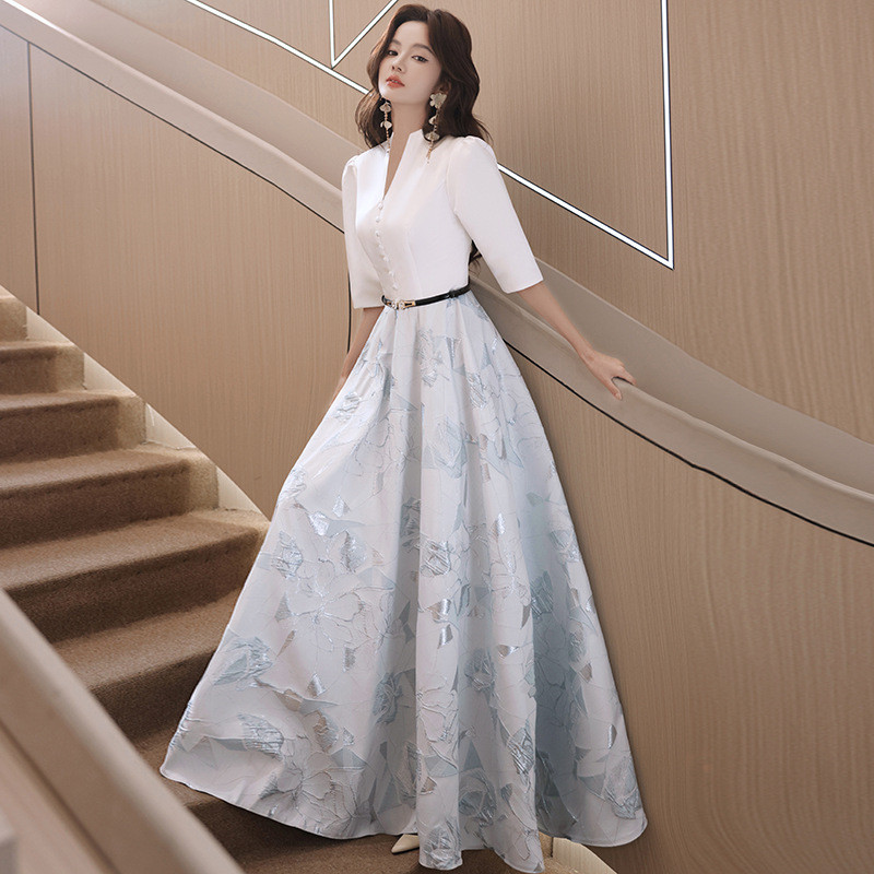 高級感 パーティードレス 白青の配色 五分袖 優雅 韓国風 結婚式 誕生日 成人式 二次会 前撮り お呼ばれ AK872