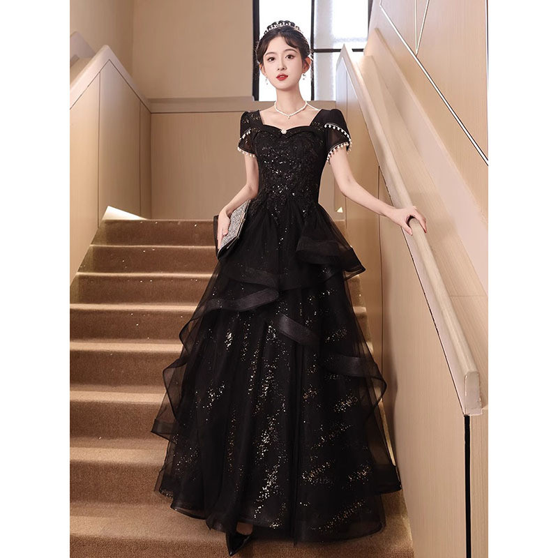 高級感 パーティードレス 黒 半袖 キラキラ プリンセス 結婚式 誕生日 成人式 二次会 前撮り お呼ばれ AK873