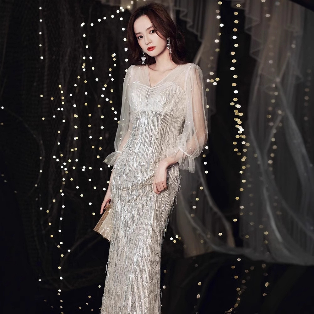 高級感 パーティードレス シルバー 長袖 スパンコール キラキラ 誕生日 成人式 二次会 前撮り お呼ばれ AK874