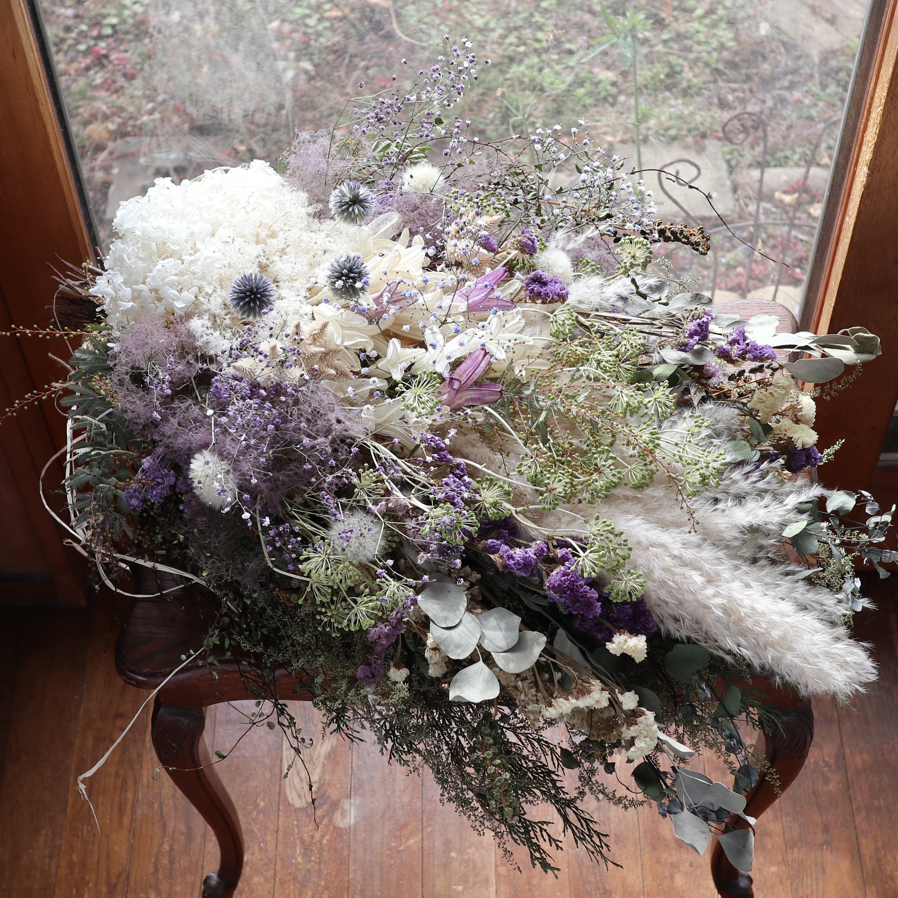 (75cm) ＊特大＊パンパスグラスとスモークツリーのふわふわのボリュームスワッグ/パープルホワイト/ドライフラワー/春