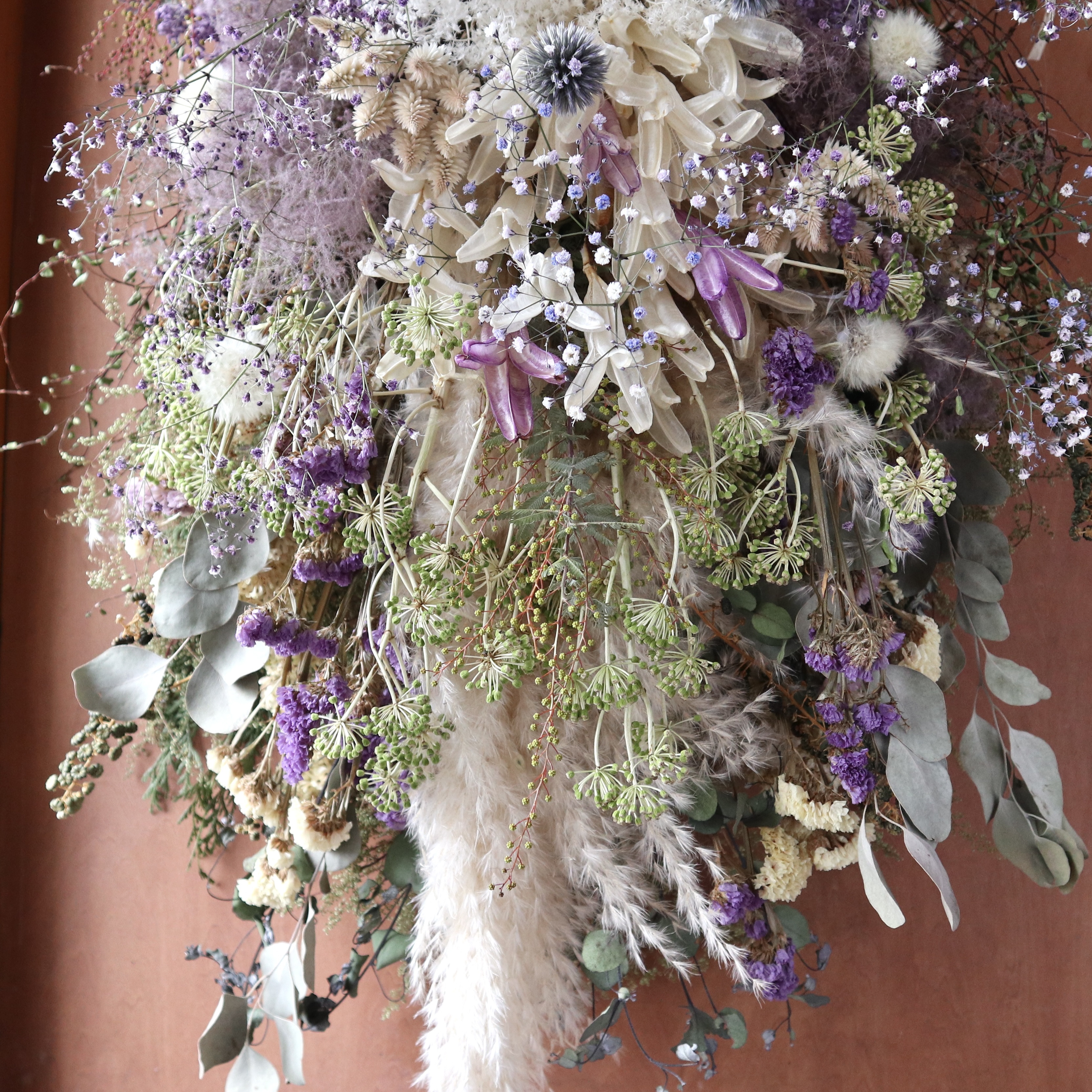 (75cm) ＊特大＊パンパスグラスとスモークツリーのふわふわのボリュームスワッグ/パープルホワイト/ドライフラワー/春