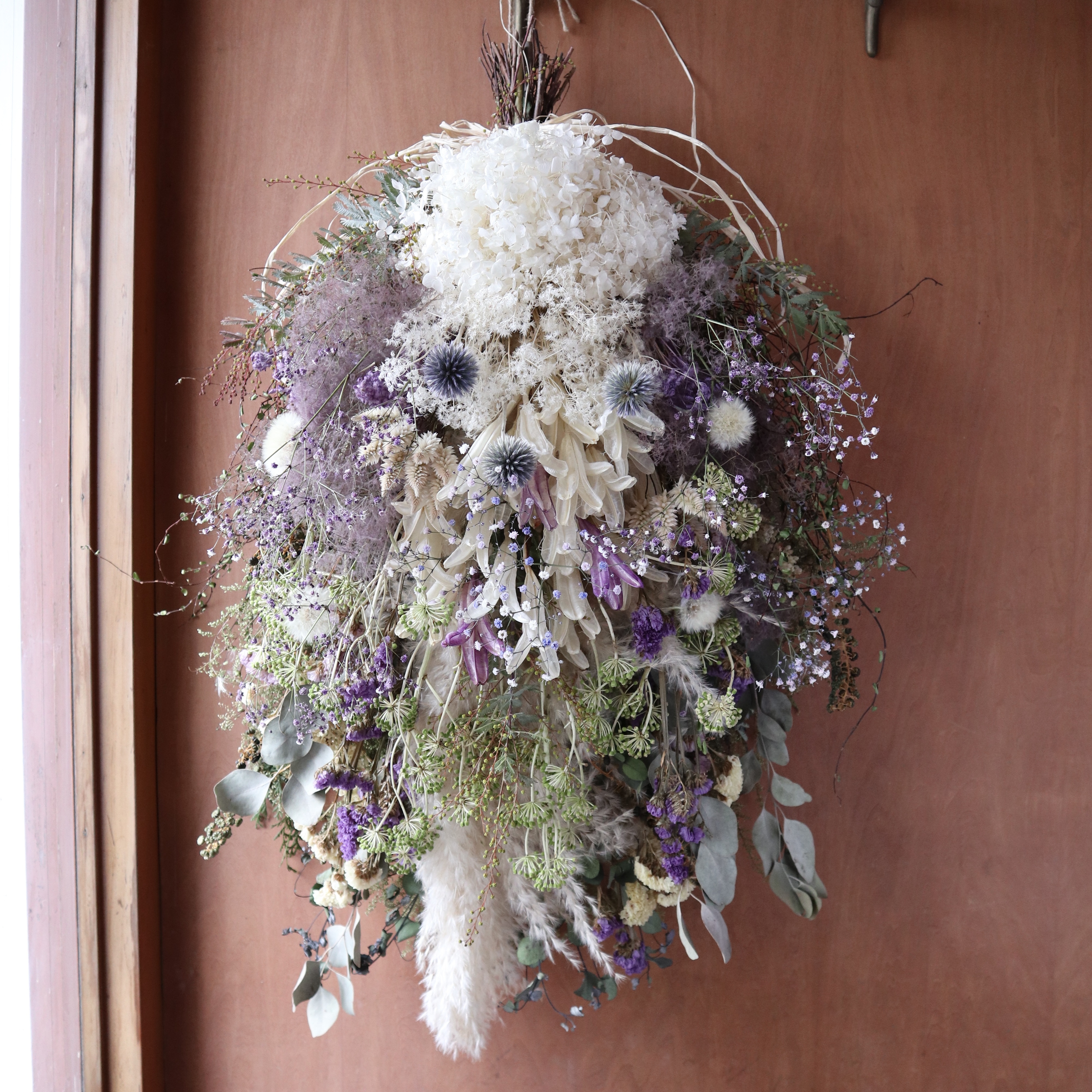 (75cm) ＊特大＊パンパスグラスとスモークツリーのふわふわのボリュームスワッグ/パープルホワイト/ドライフラワー/春