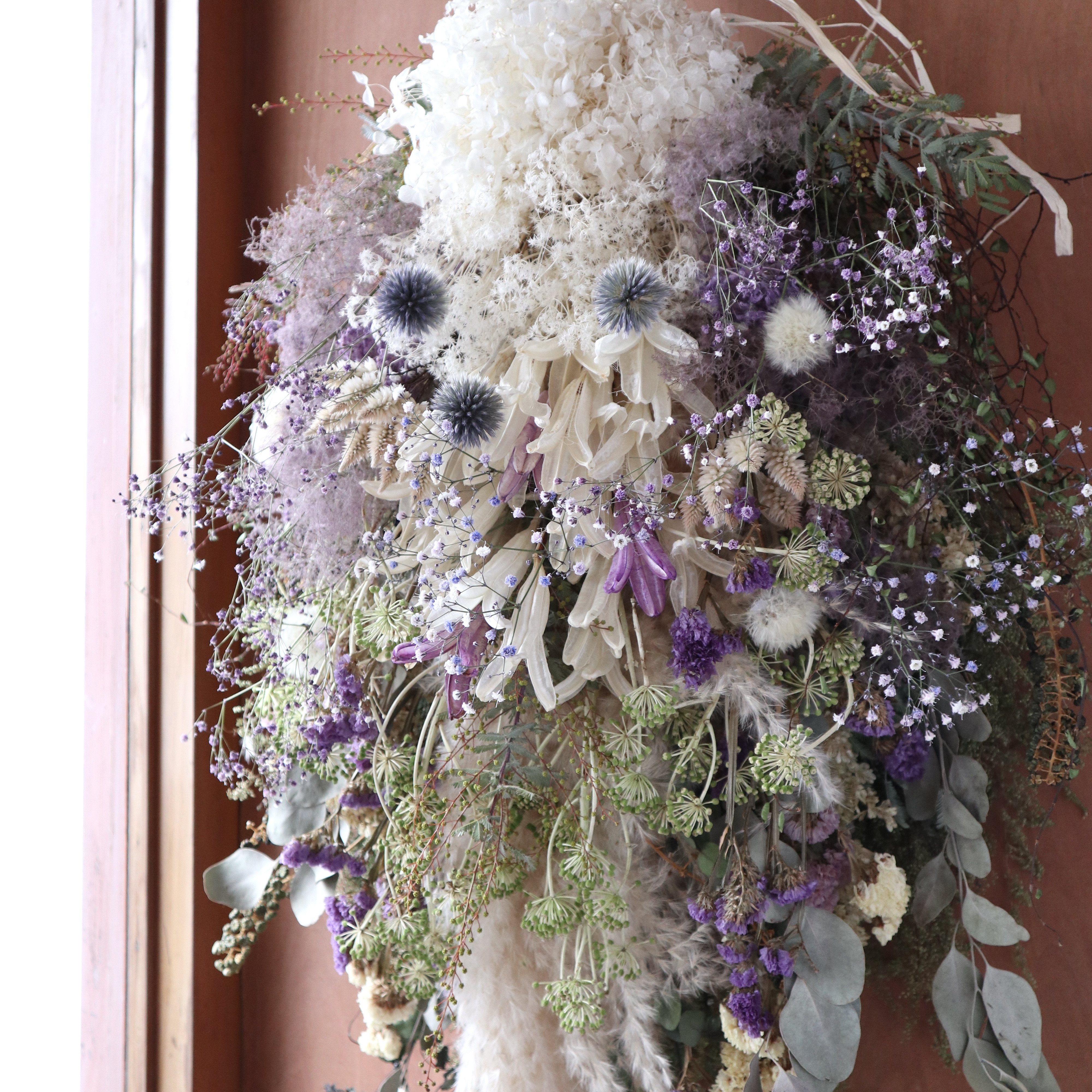 (75cm) ＊特大＊パンパスグラスとスモークツリーのふわふわのボリュームスワッグ/パープルホワイト/ドライフラワー/春