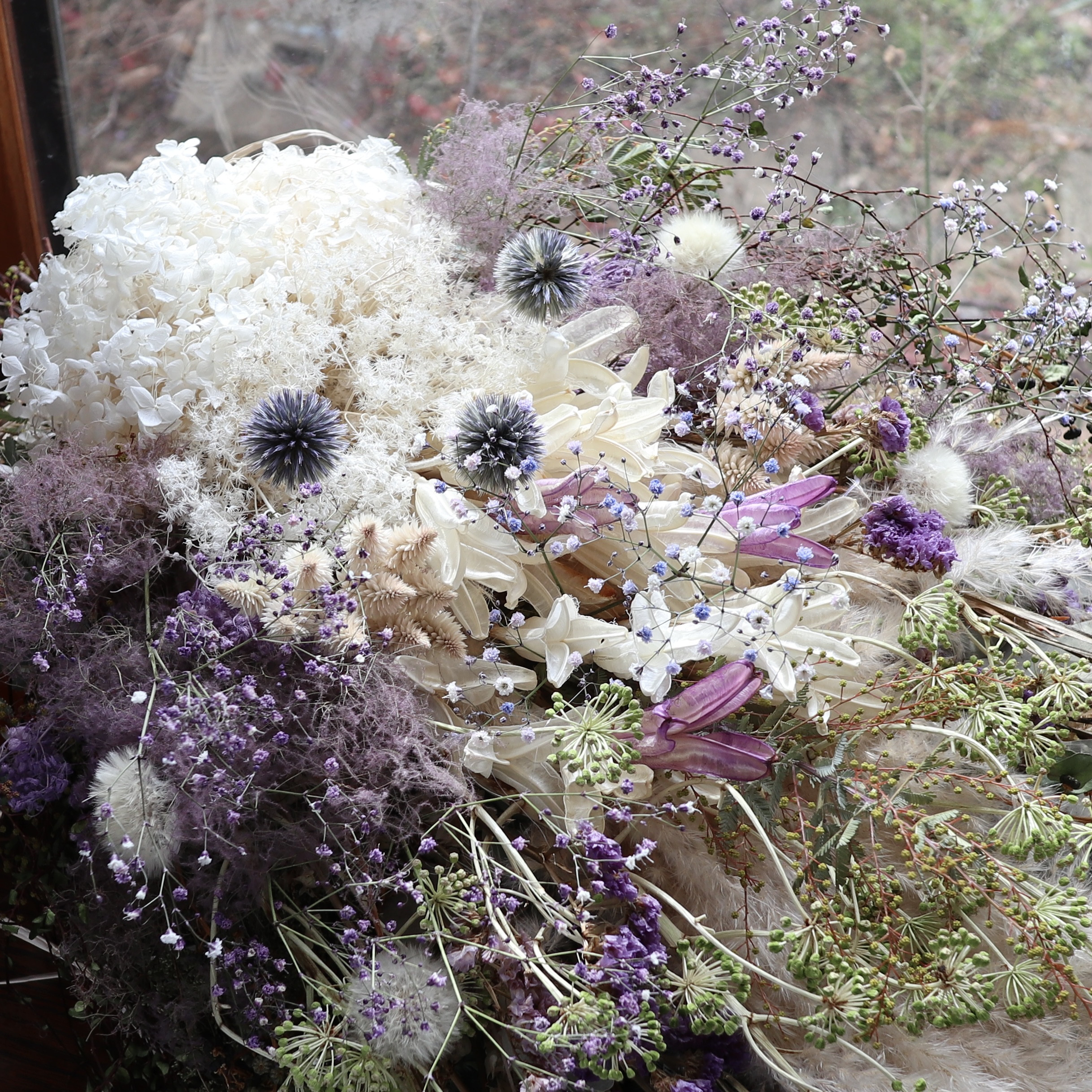 (75cm) ＊特大＊パンパスグラスとスモークツリーのふわふわのボリュームスワッグ/パープルホワイト/ドライフラワー/春