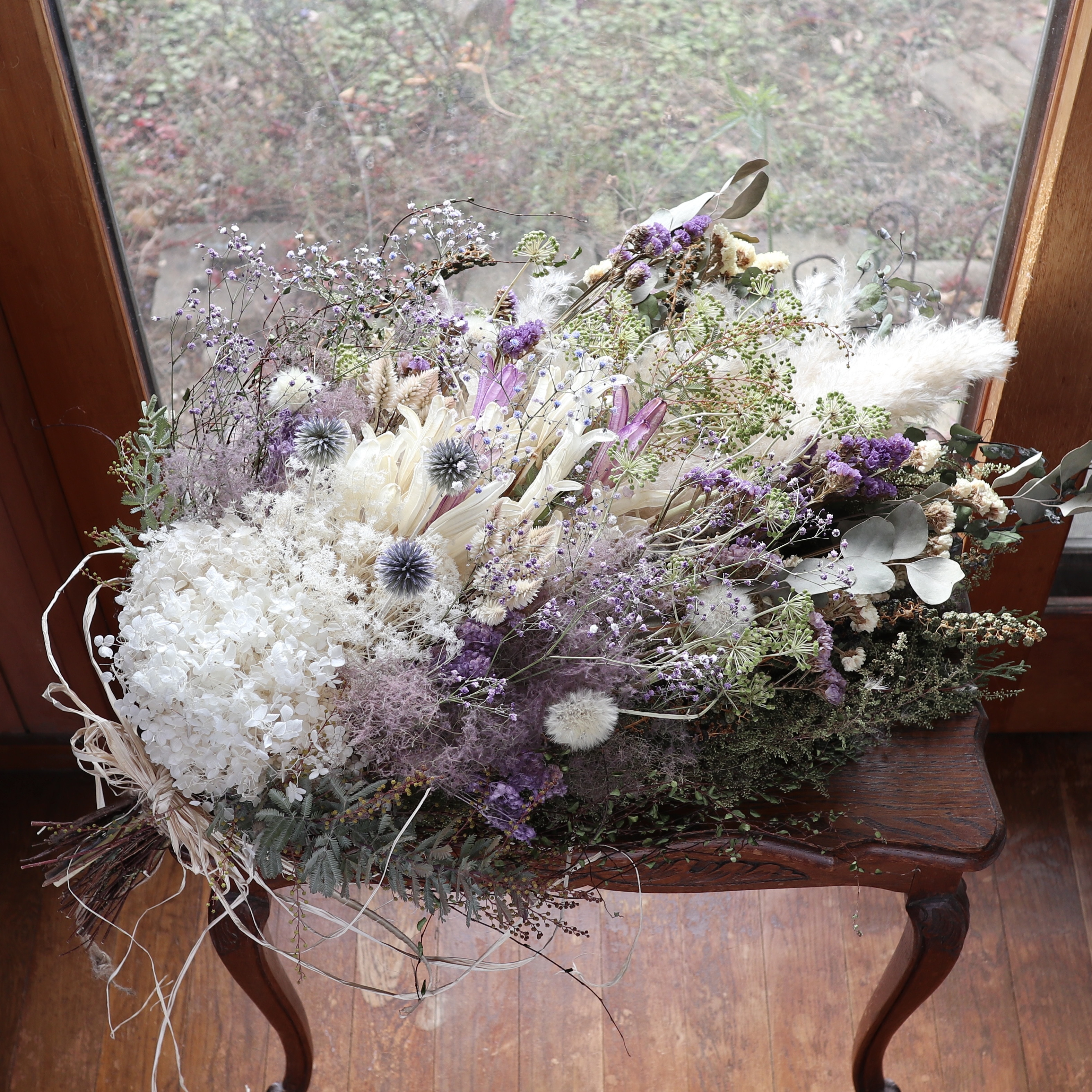 (75cm) ＊特大＊パンパスグラスとスモークツリーのふわふわのボリュームスワッグ/パープルホワイト/ドライフラワー/春