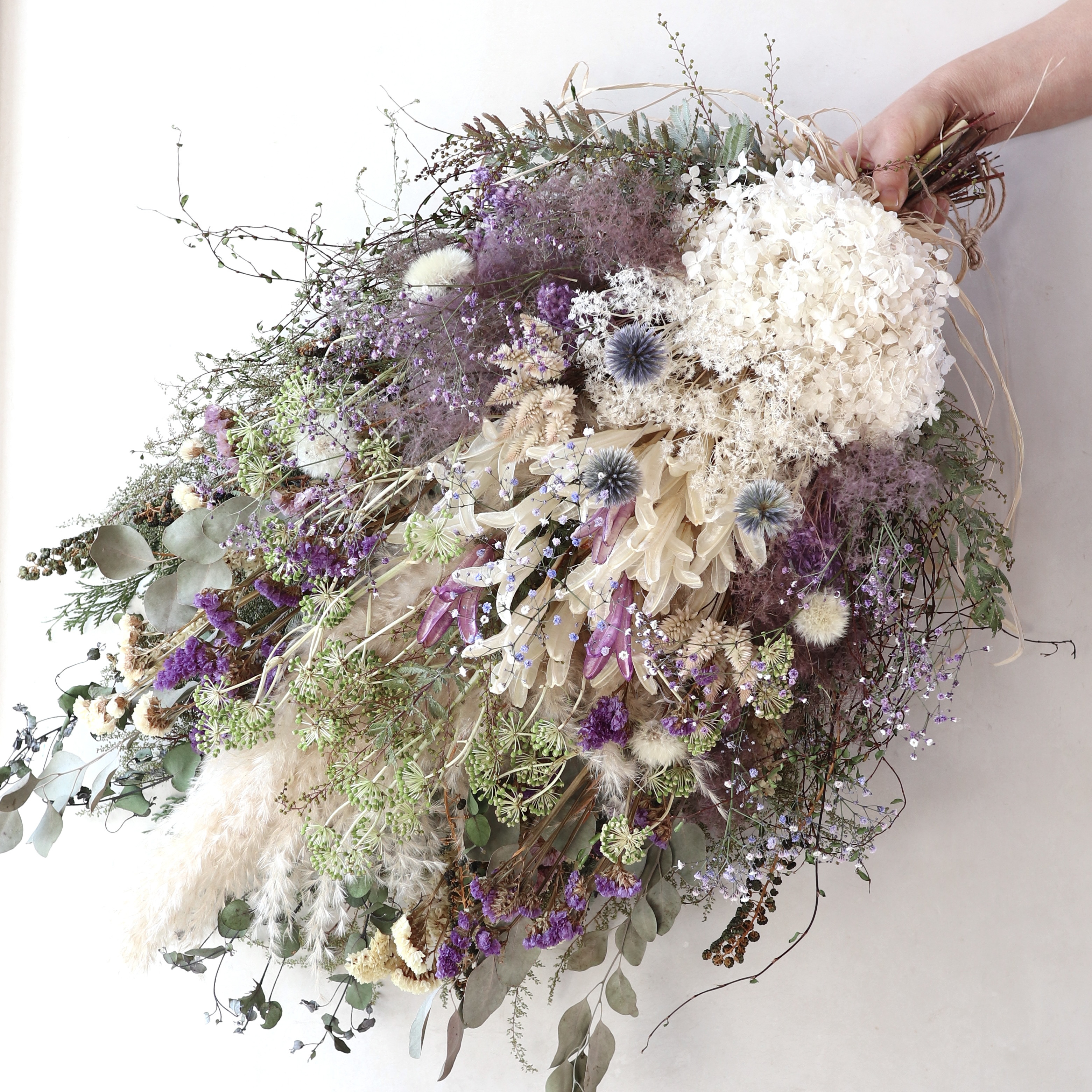 (75cm) ＊特大＊パンパスグラスとスモークツリーのふわふわのボリュームスワッグ/パープルホワイト/ドライフラワー/春