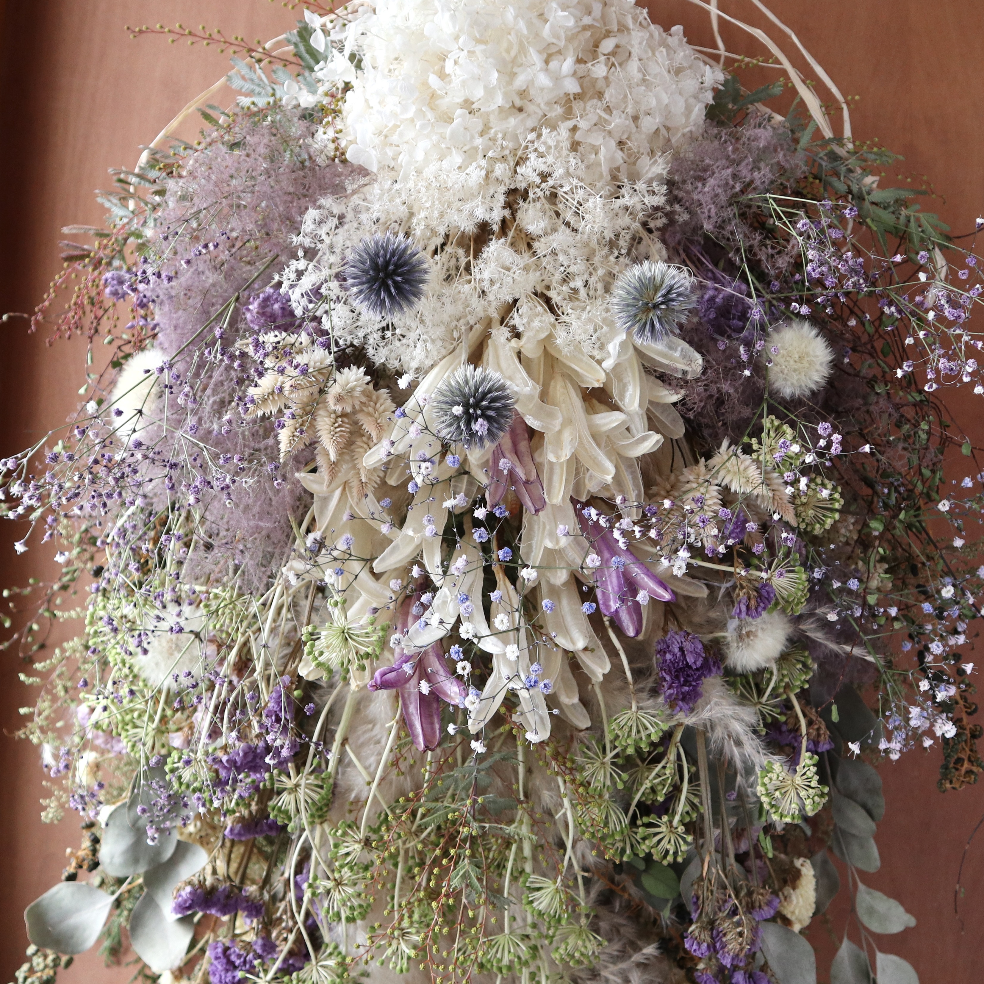 (75cm) ＊特大＊パンパスグラスとスモークツリーのふわふわのボリュームスワッグ/パープルホワイト/ドライフラワー/春