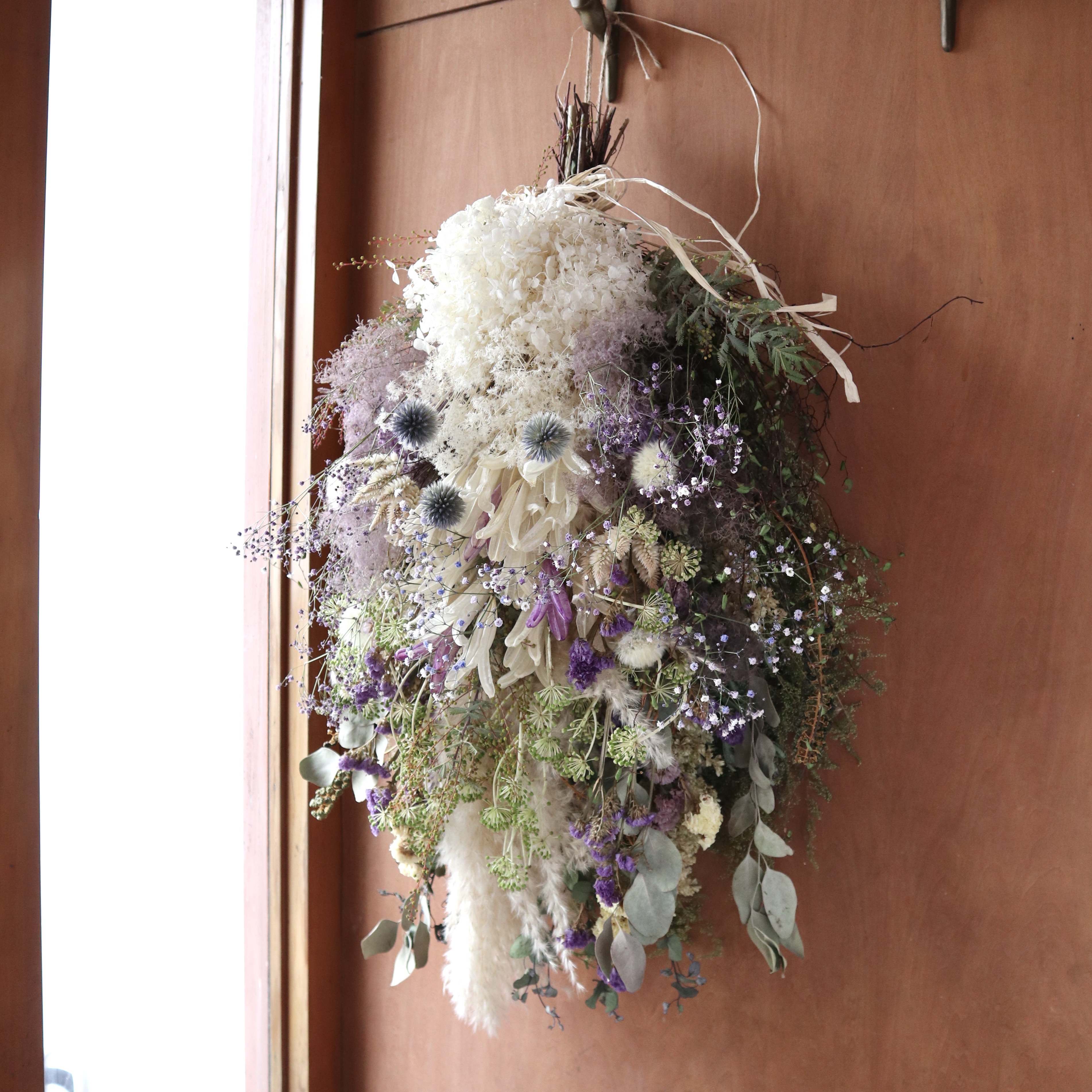 (75cm) ＊特大＊パンパスグラスとスモークツリーのふわふわのボリュームスワッグ/パープルホワイト/ドライフラワー/春