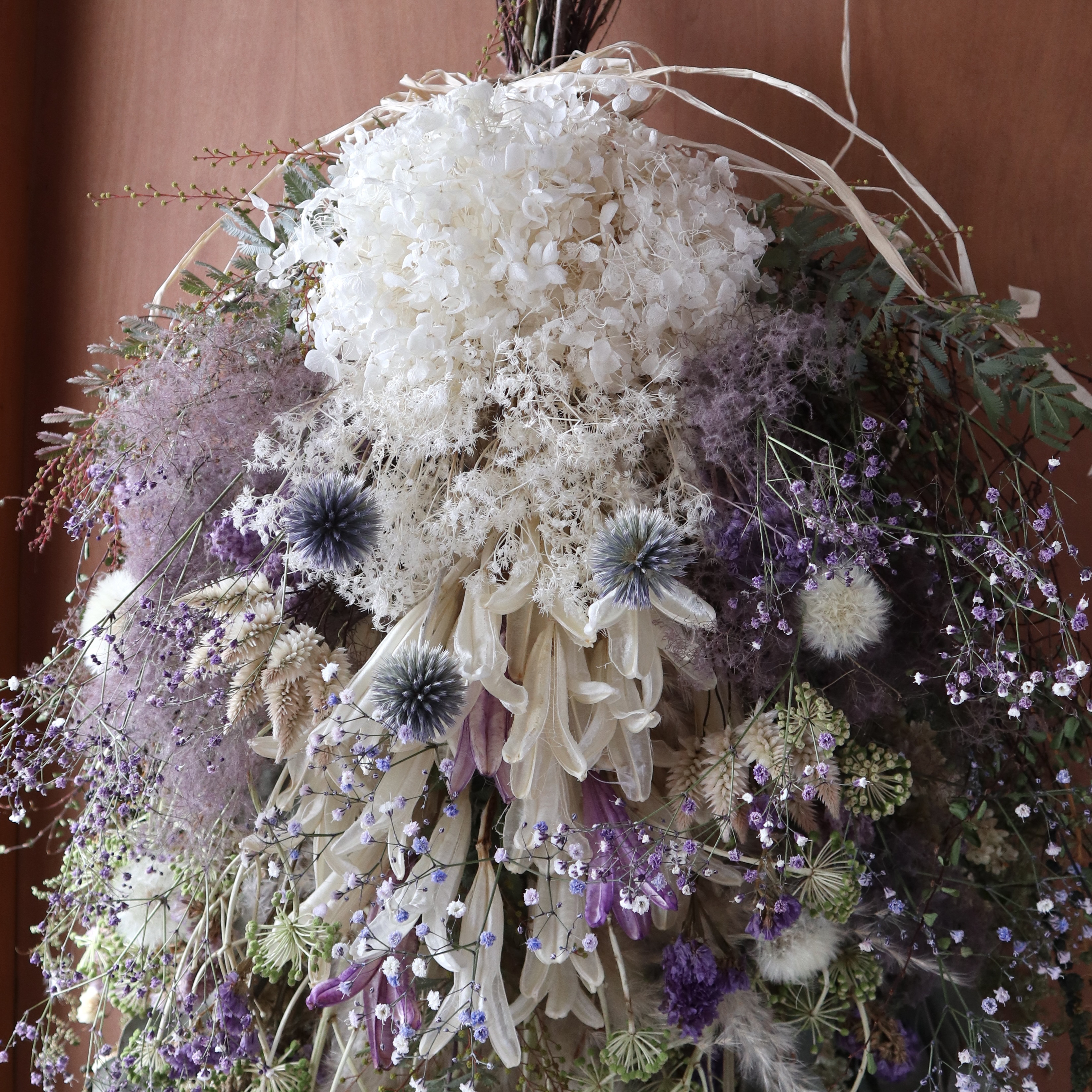 (75cm) ＊特大＊パンパスグラスとスモークツリーのふわふわのボリュームスワッグ/パープルホワイト/ドライフラワー/春
