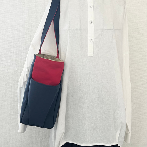 Lサイズ】紺＆濃赤（サンドベージュ） 8号倉敷帆布使用 肩掛けバッグ