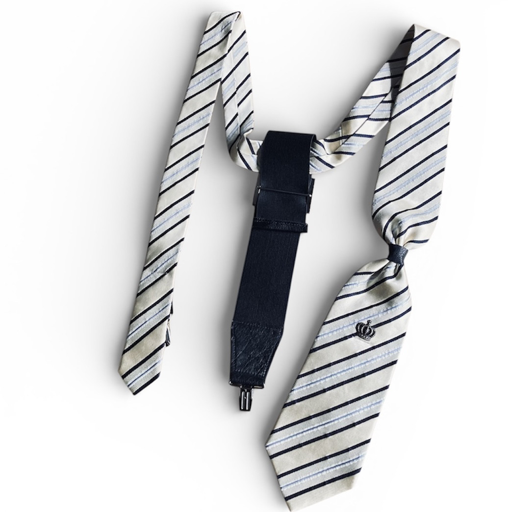 シルクネクタイリメイク サスペンダー｜アイボリー系レジメンタルストライプ柄【1点物】