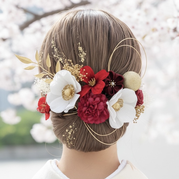 A537 ドライフラワー　髪飾り　赤　ゴールド　卒業式　袴　成人式　振袖　結婚式　和装