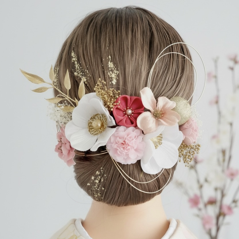 A538  ドライフラワー　髪飾り　ピンク　ゴールド　卒業式　袴　成人式　振袖　結婚式　和装