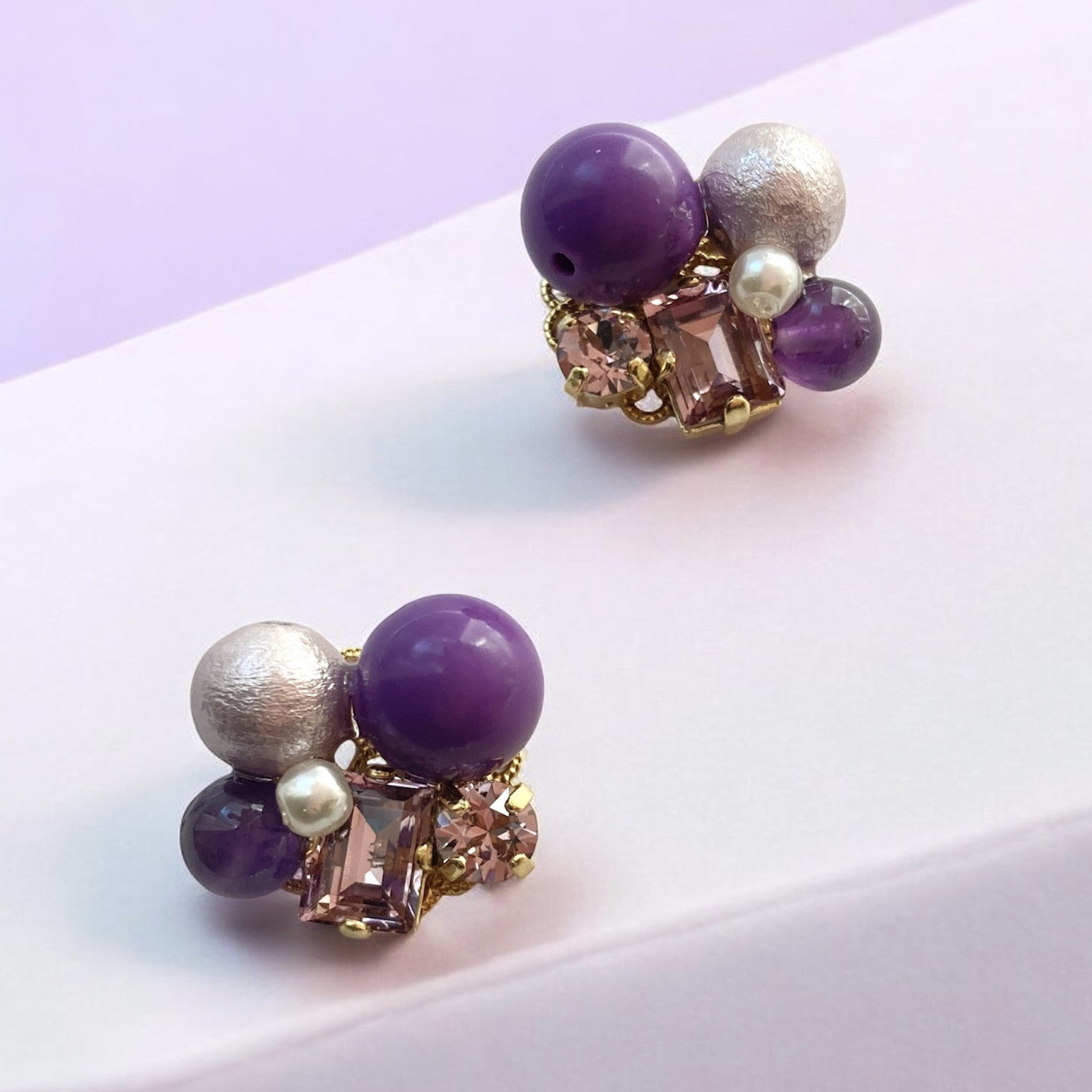 2月 誕生石 アメジスト×コットンパールの上品ピアス／卒業式・入学式・春アクセサリー