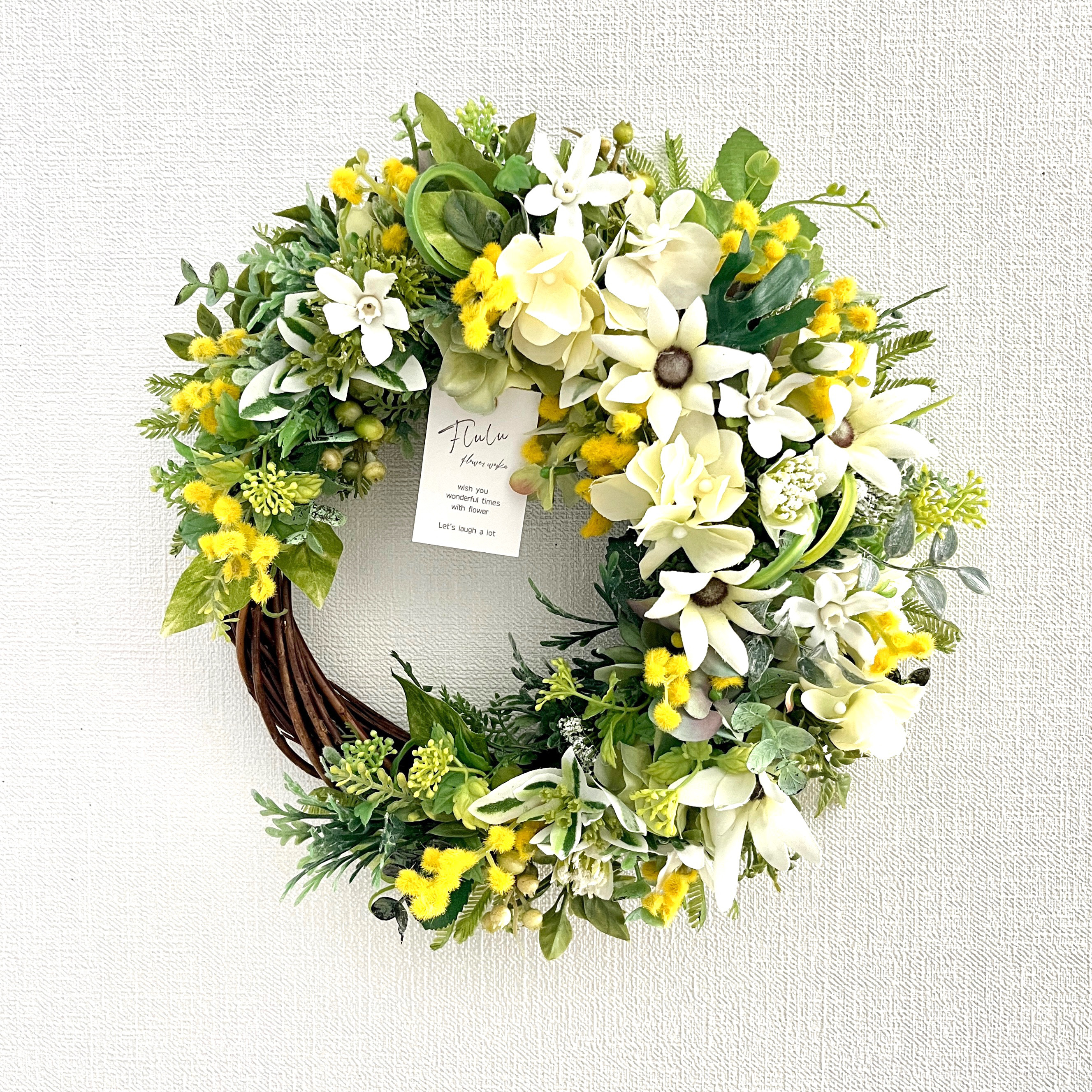 ミモザとフランネルフラワーの春色リース＊爽やかグリーンたっぷりの造花フラワーリース フラワー雑貨　ギフト　インテリア