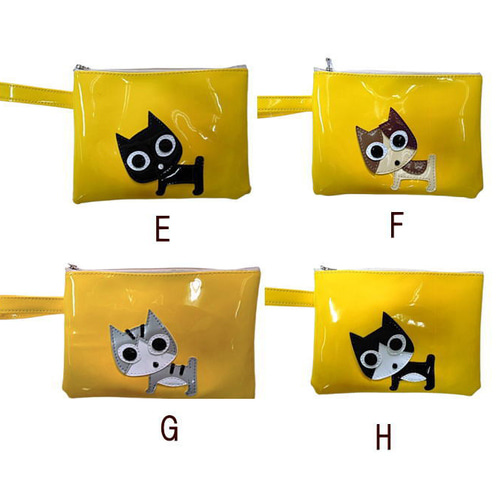 送料無料】猫顔ポーチ エナメル 黒猫 サバトラ猫 ハチ割れ猫 三毛猫