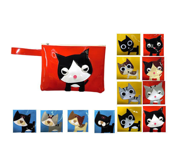 送料無料】猫顔ポーチ エナメル 黒猫 サバトラ猫 ハチ割れ猫 三毛猫