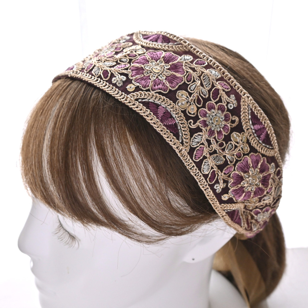 《結ぶタイプ》アンティーク風エレガント◇インド刺繍リボンの幅広ヘアバンド＊バーガンディー