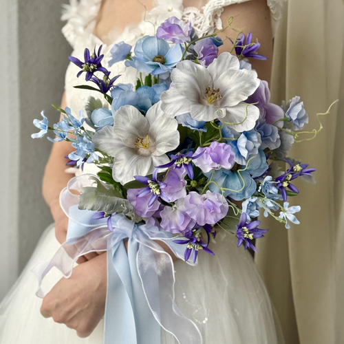 ウェディングブーケ 造花 ブルー パープル｜前撮り 二次会 ブートニア