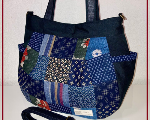新作！丸型トートバッグ☆和柄パッチワーク☆帆布☆ショルダー紐付き