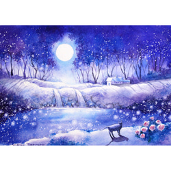 ♡たまみな♡冬の風景 水彩画 スズメと雪の夜　値段は※900円です 原画】彩の夜空（水彩画）送料無料☆月 夜 街 猫 絵画 絵画 Yukari
