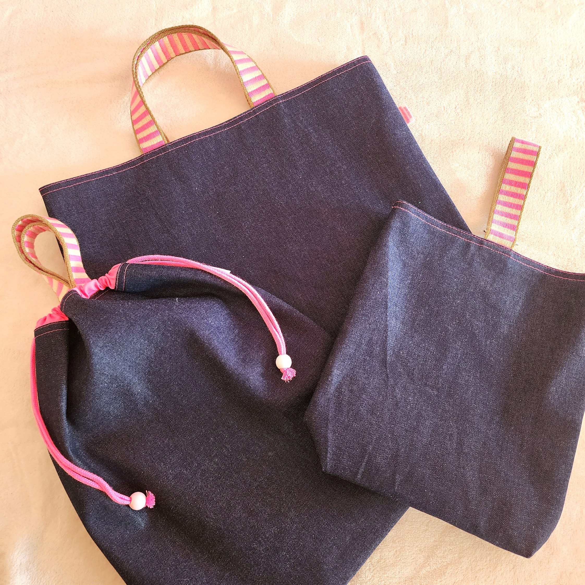 【３点セット】デニムの●レッスンバッグ　●シューズケース　●体操服入れ　pink【サイズ変更可】 7,013円