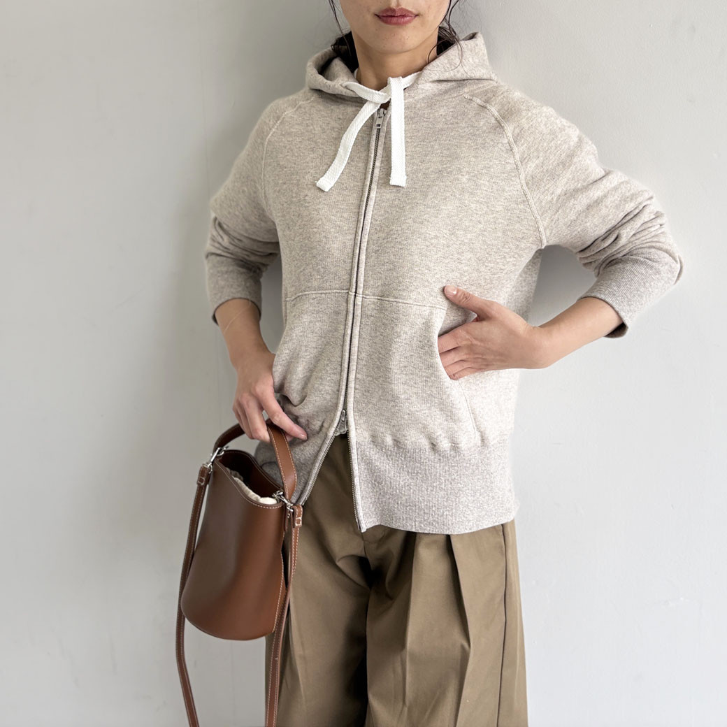 【日本製】French Terry リヨセル混 ショートレングス パーカー＿杢ベージュグレー