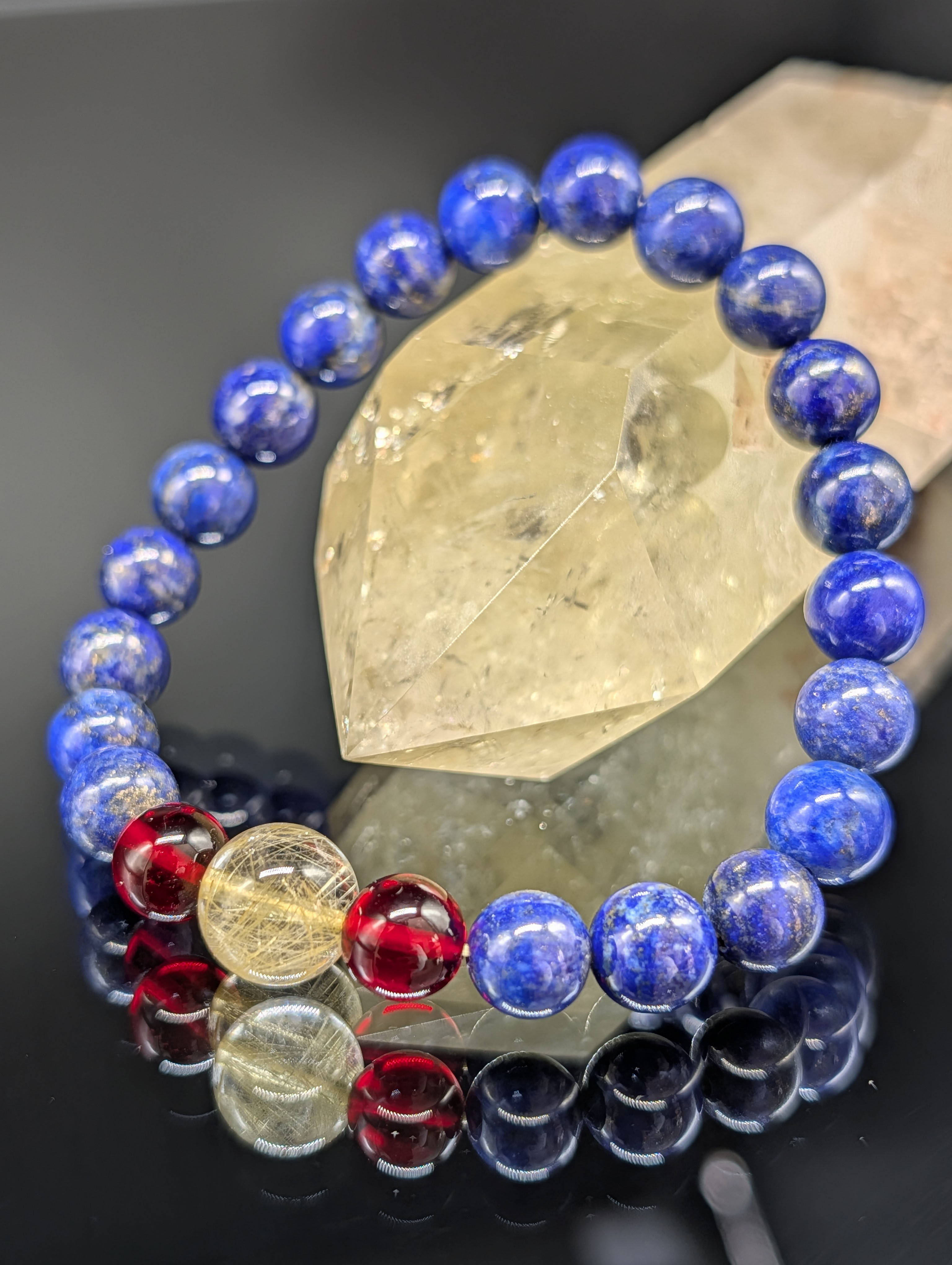 【強運・金銭運・願望実現・健康】ルチルクォーツ レッドアンバー ラピスラズリ 8mm 親玉10mm  ブレスレット