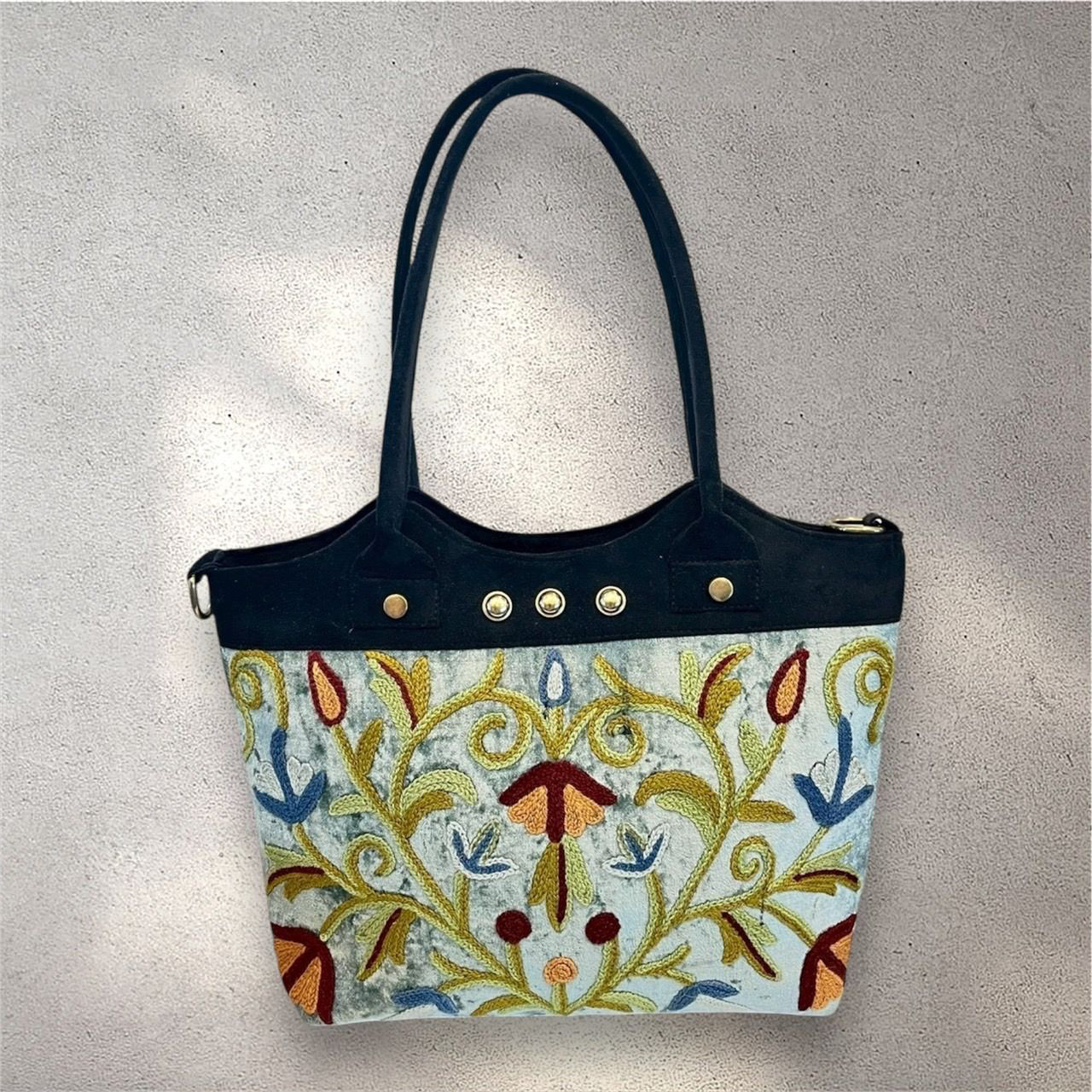 カシミール刺繍 トートバッグ カバン ハンドメイド 花柄 ベルベット スエード調 大容量 軽量 肩掛け ショルダー