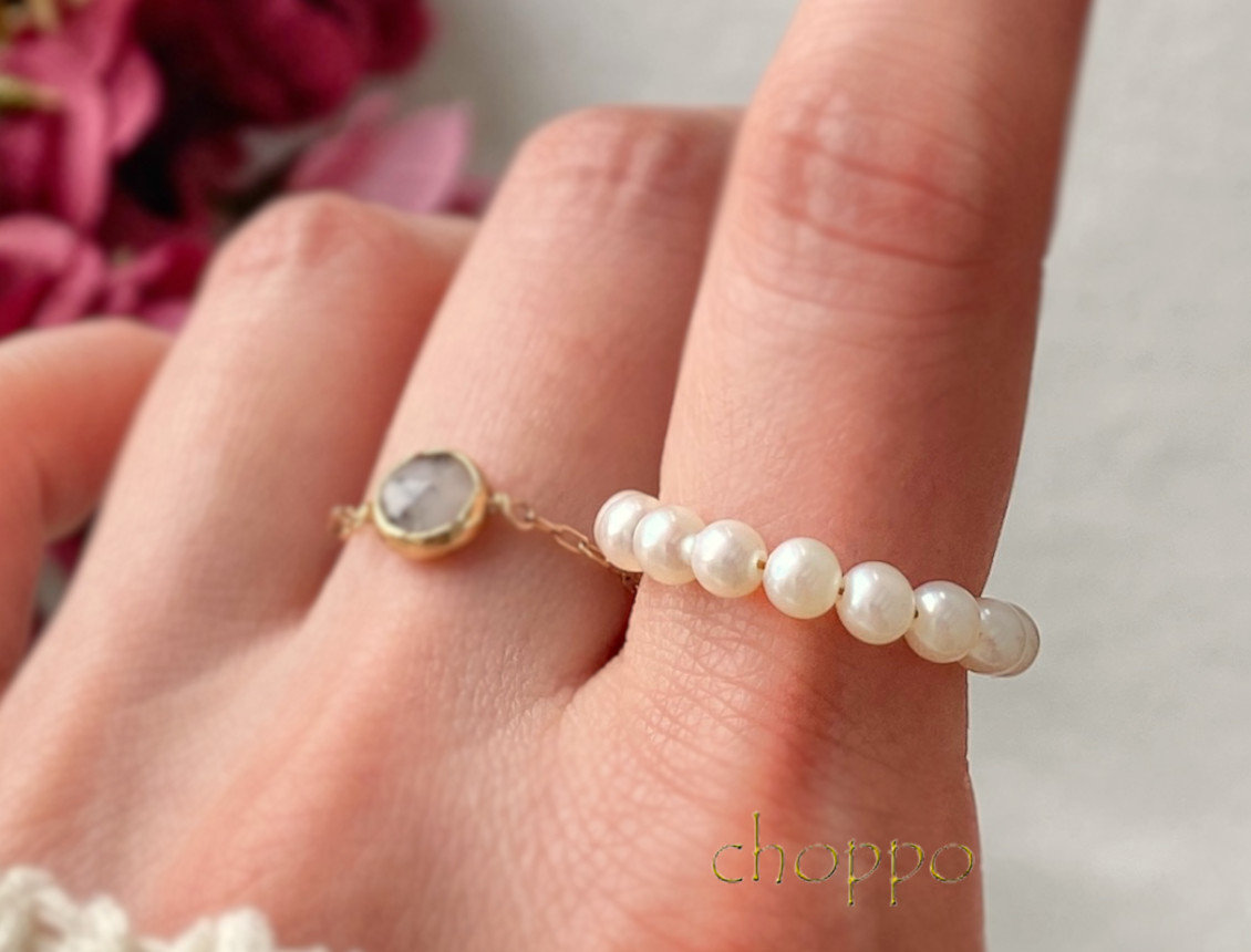 【春の超早割】贅沢淡水真珠のリング　14kgf　ハーキマーダイヤモンド　フリーサイズ　ウェディング　パール　入園式