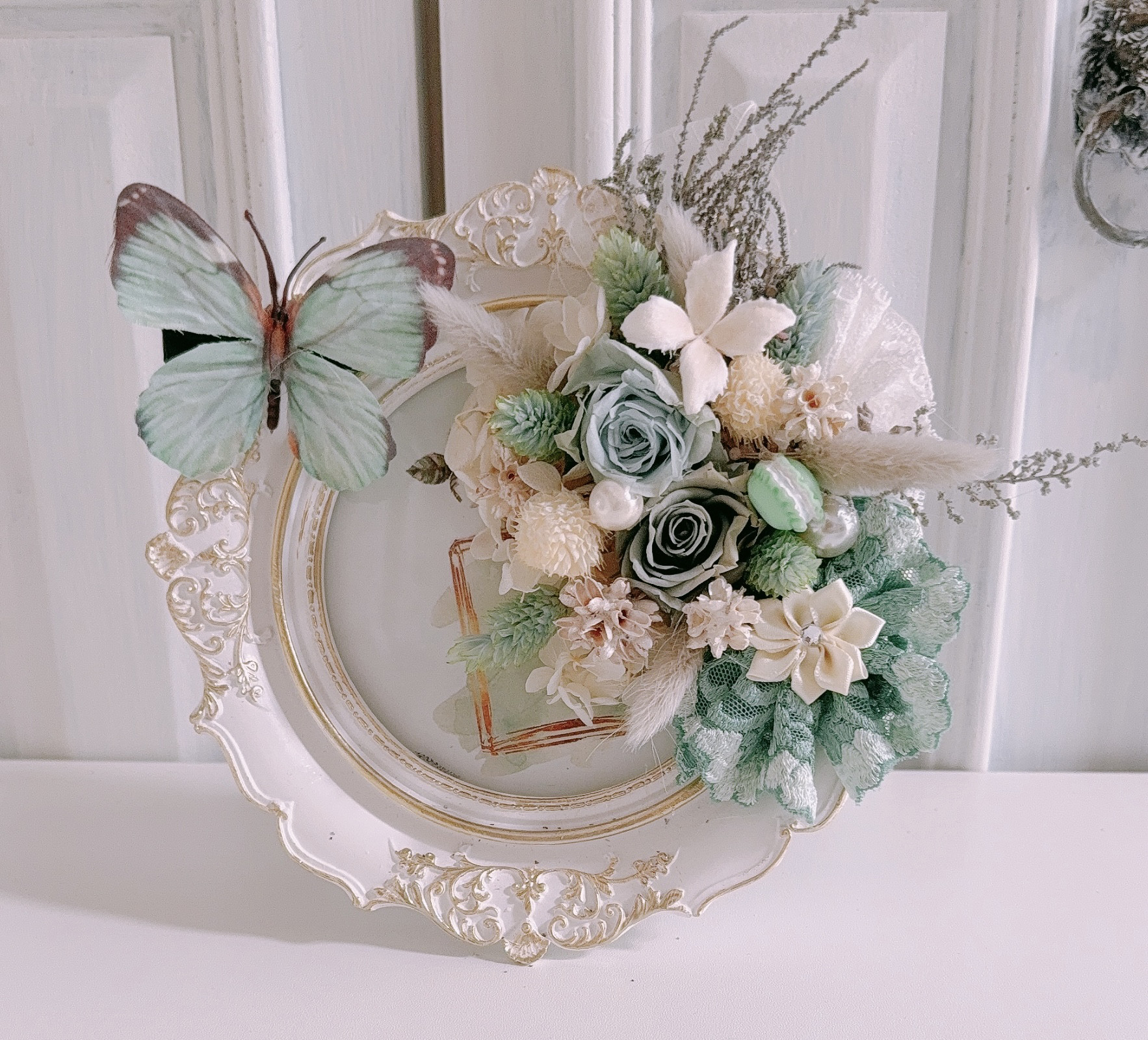 ❤️SALE❤️アンティークグリーンブルーバタフライフレーム️アレンジ