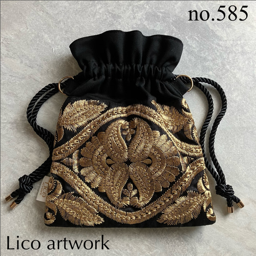 no.585 巾着 バッグ ポーチ インド刺繍リボン モリス 生地 ゴールド